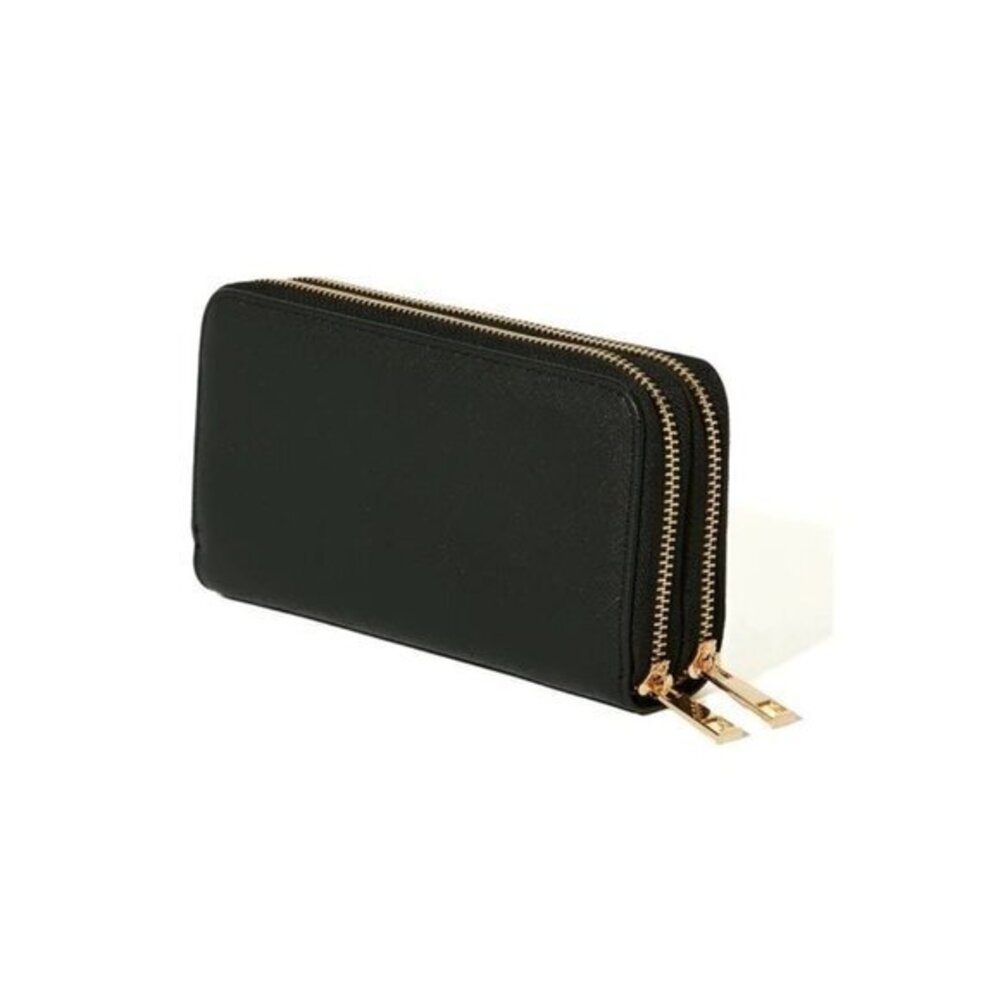 Alyssa Saffiano Material Double Zipper Black Wallet